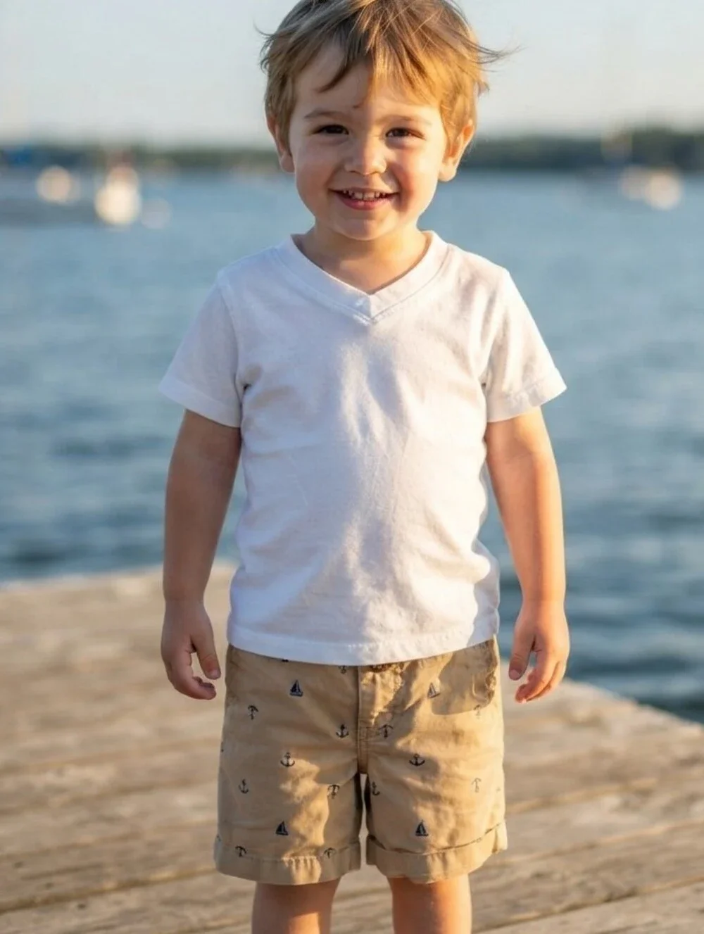 White Tee and Tan Anchor Print Shorts Kids Matching Set